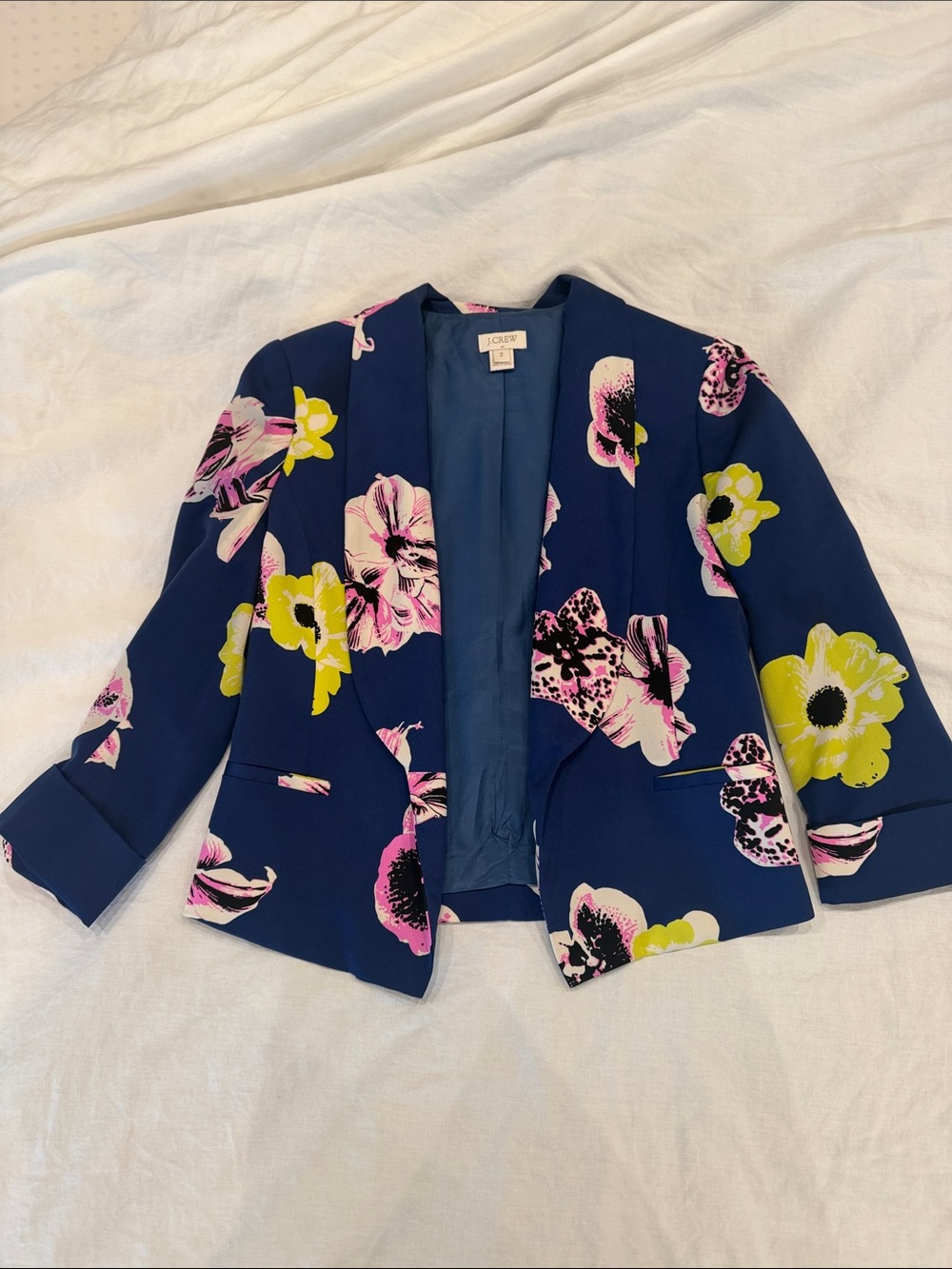 J. Crew Navy Floral Open Blazer with Pink & Yellow Blooms